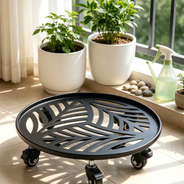 Heavy-Duty Wrought Iron Plant Caddy Set With Wheels