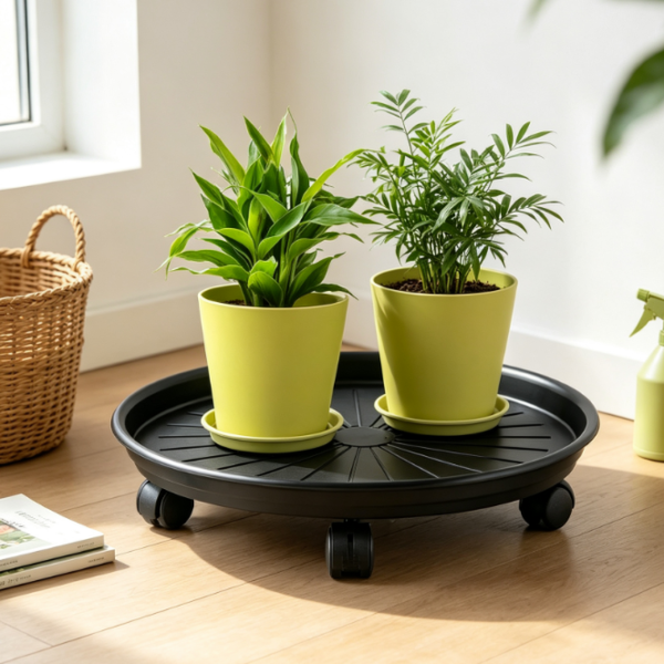 Round Resin Plant Caddy With Wheels