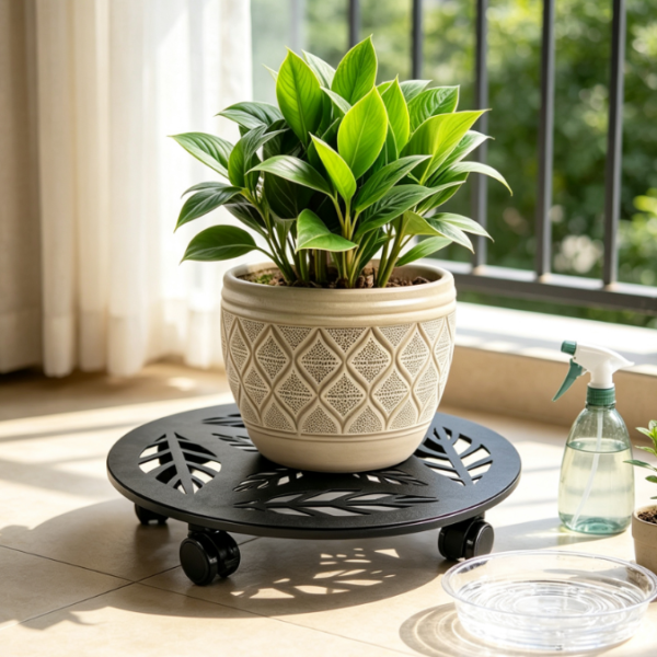 Heavy-Duty Wrought Iron Plant Caddy Set With Wheels