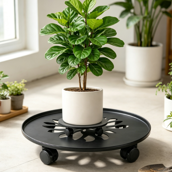 Heavy-Duty Wrought Iron Plant Caddy Set With Wheels