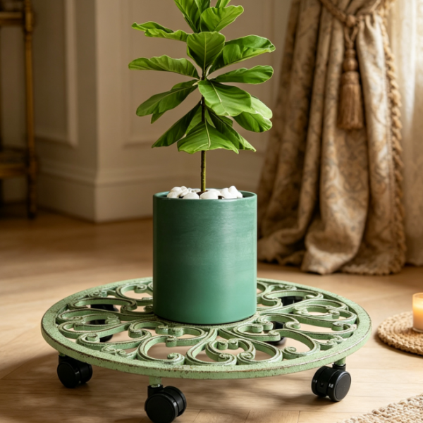 Heavy-Duty Round Wrought Iron Plant Caddy With Wheels
