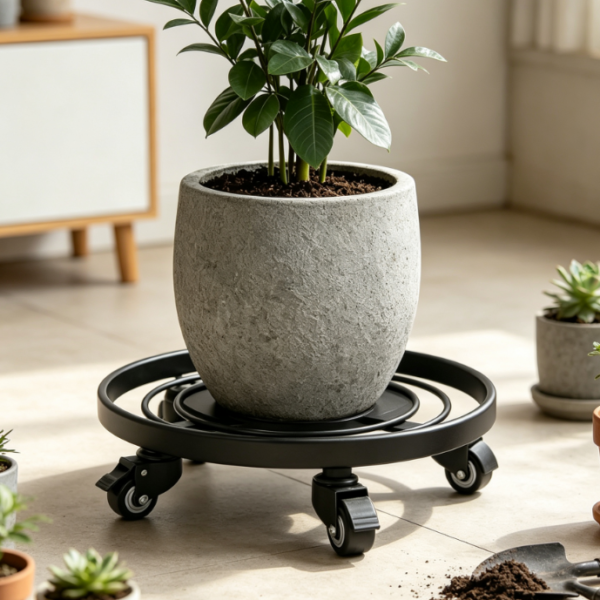 Round Wrought Iron Plant Caddy With Locking Wheels